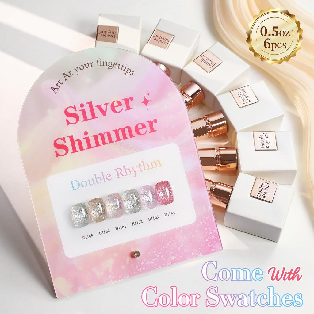 Double Rhythm 0.5 oz Glitter Gel Polish Set – 6 Colors with Display Board, 15 ml Full Size Kit