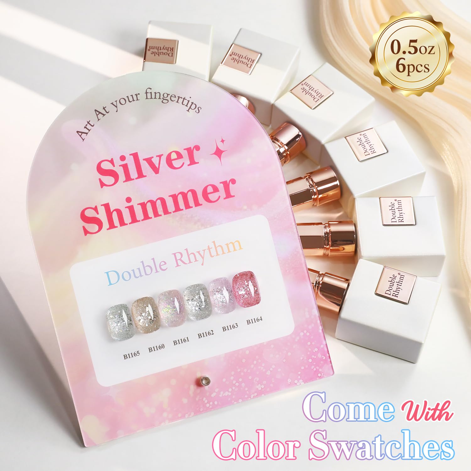 Double Rhythm 0.5 oz Glitter Gel Polish Set – 6 Colors with Display Board, 15 ml Full Size Kit