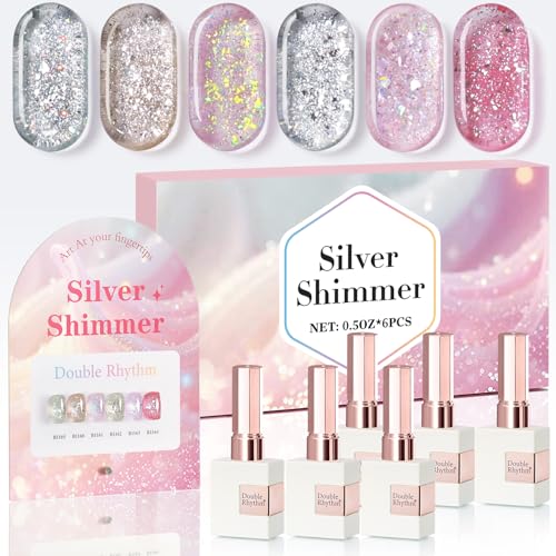 Double Rhythm 0.5 oz Glitter Gel Polish Set – 6 Colors with Display Board, 15 ml Full Size Kit
