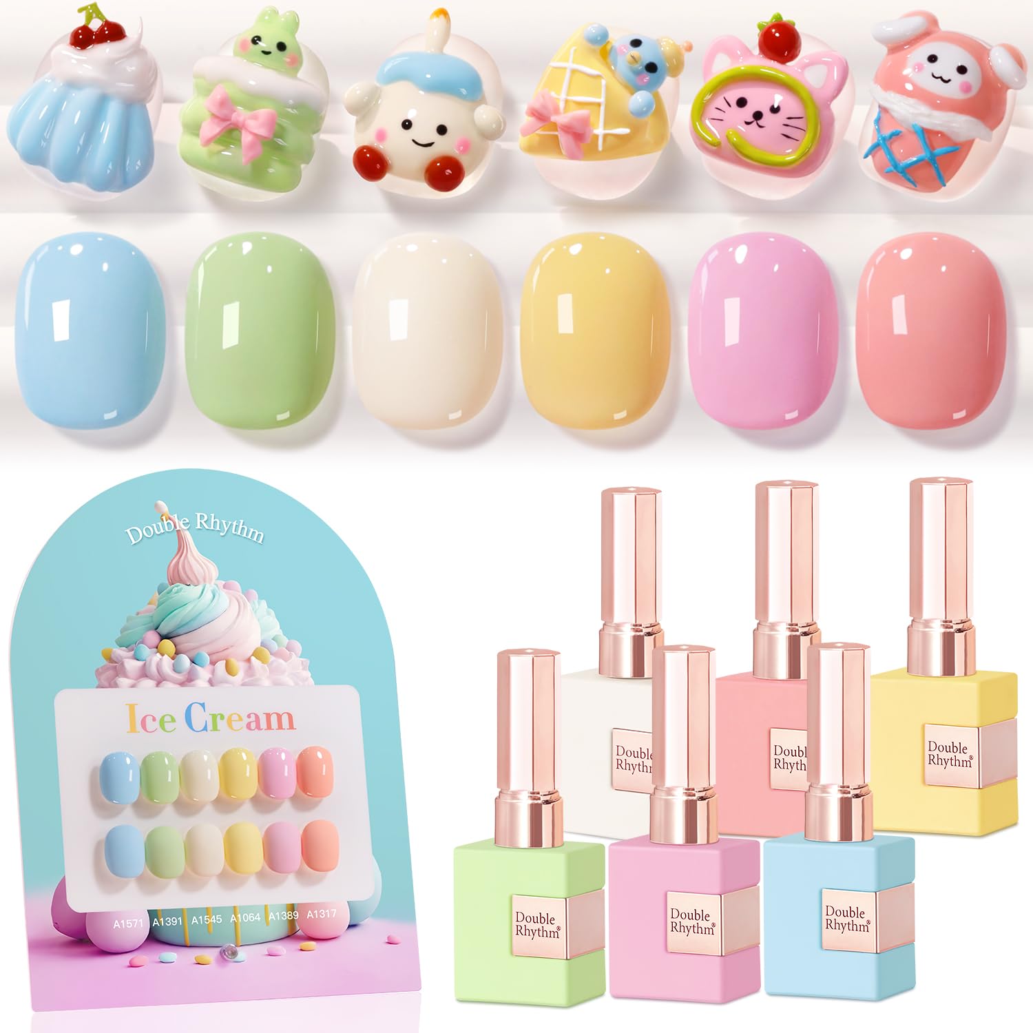Double Rhythm 6 Pcs 15ml Gel Polish Set – Same Color & Bottle, Soak-Off Kit (Blue/Green/Beige/Yellow/Pink/Orange)