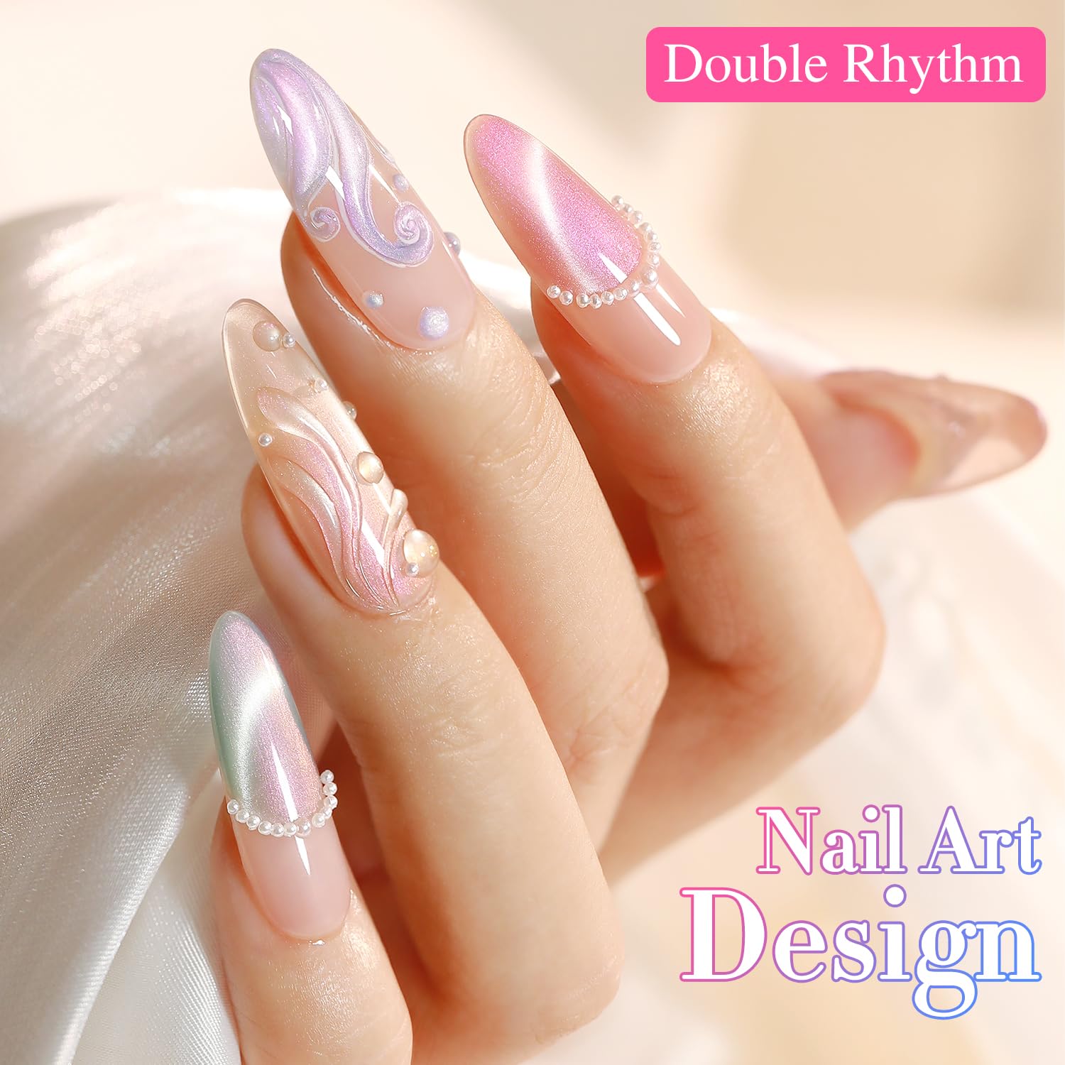 Double Rhythm Cat Eye Gel Nail Polish Set — Mermaid Pink Rose T6-31 (6x0.5 oz) Magnetic Glitter