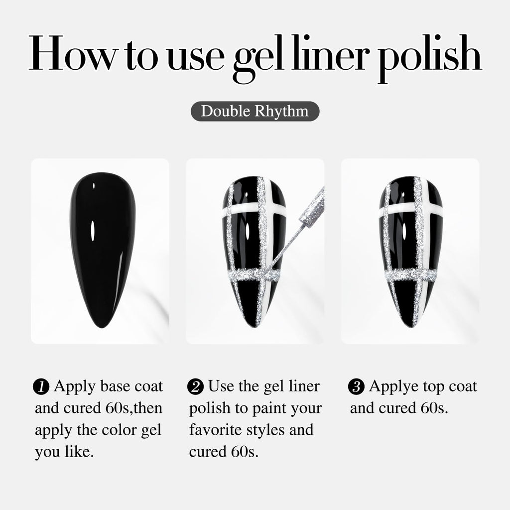 Double Rhythm 6 Pcs Gel Liner Polish Kit – 15ml Chrome Metallic Glitter Soak-Off Gel, Gold Silver Black White