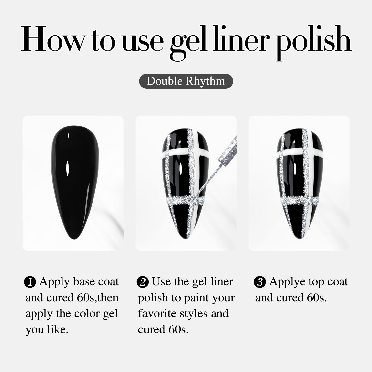 Double Rhythm 6 Pcs Gel Liner Polish Kit – 15ml Chrome Metallic Glitter Soak-Off Gel, Gold Silver Black White