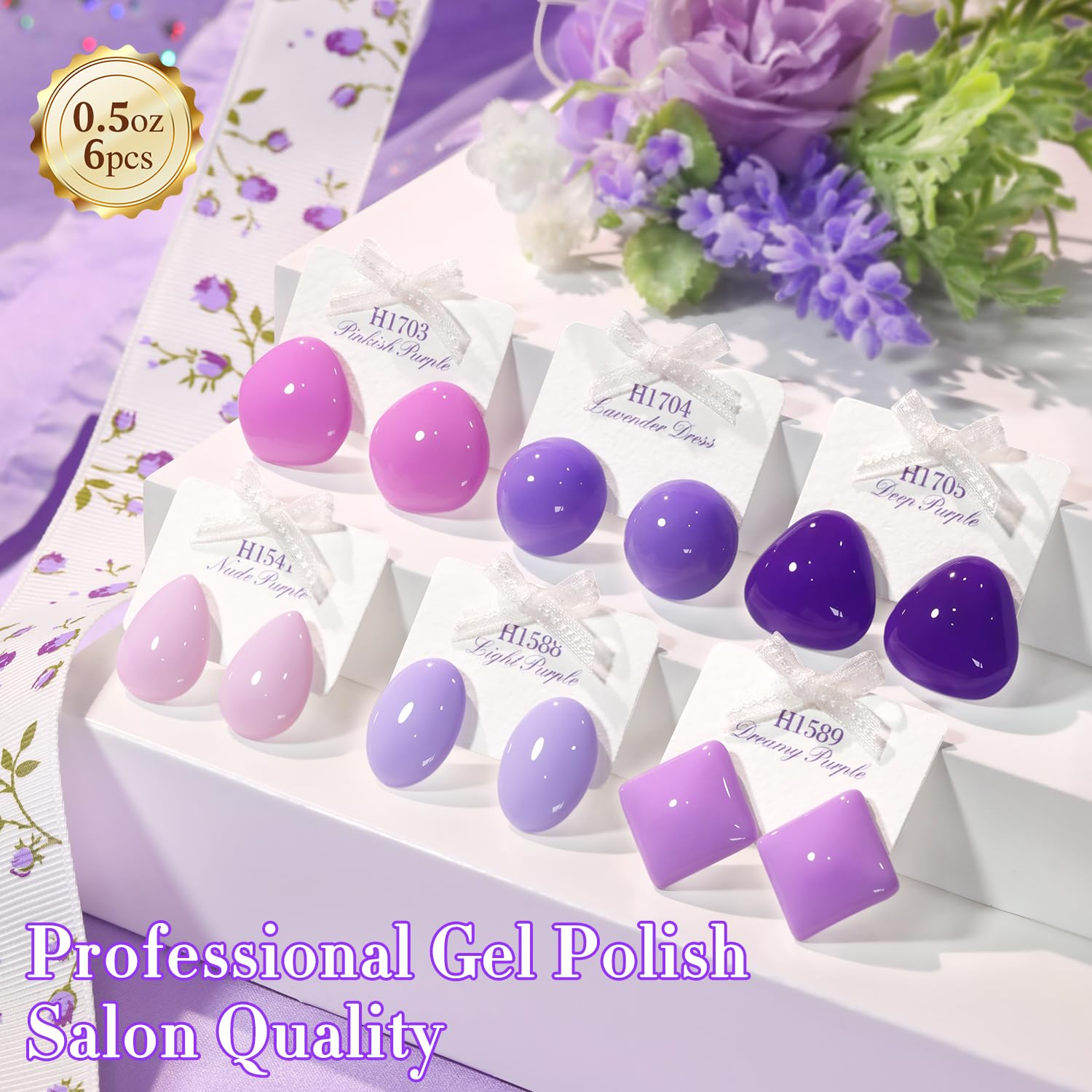 Double Rhythm 6 Pcs HEMA-Free Gel Polish Set – Soak-Off 0.5 oz, Same Color & Bottle (Lilac to Purple)
