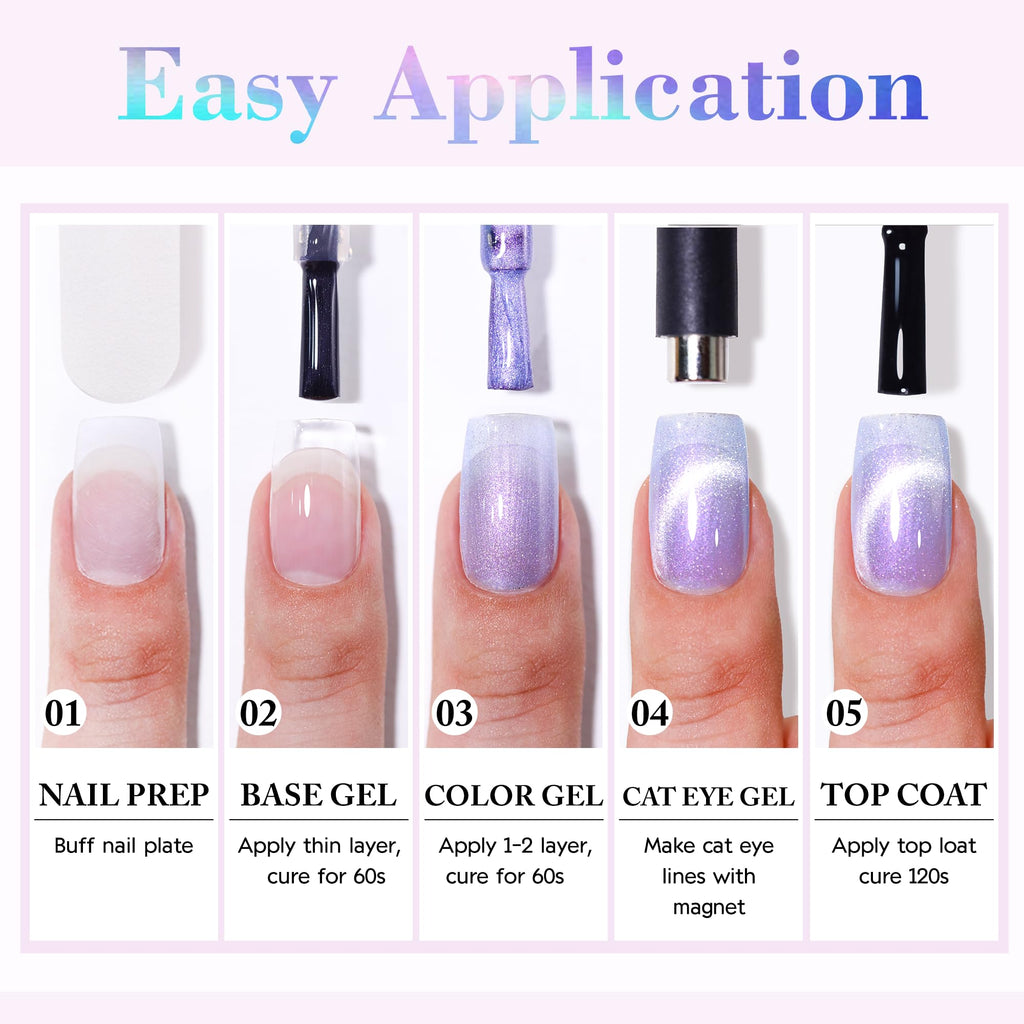 Double Rhythm Cat Eye Gel Polish Set – 6 Colors with Magnetic Holographic Finish
