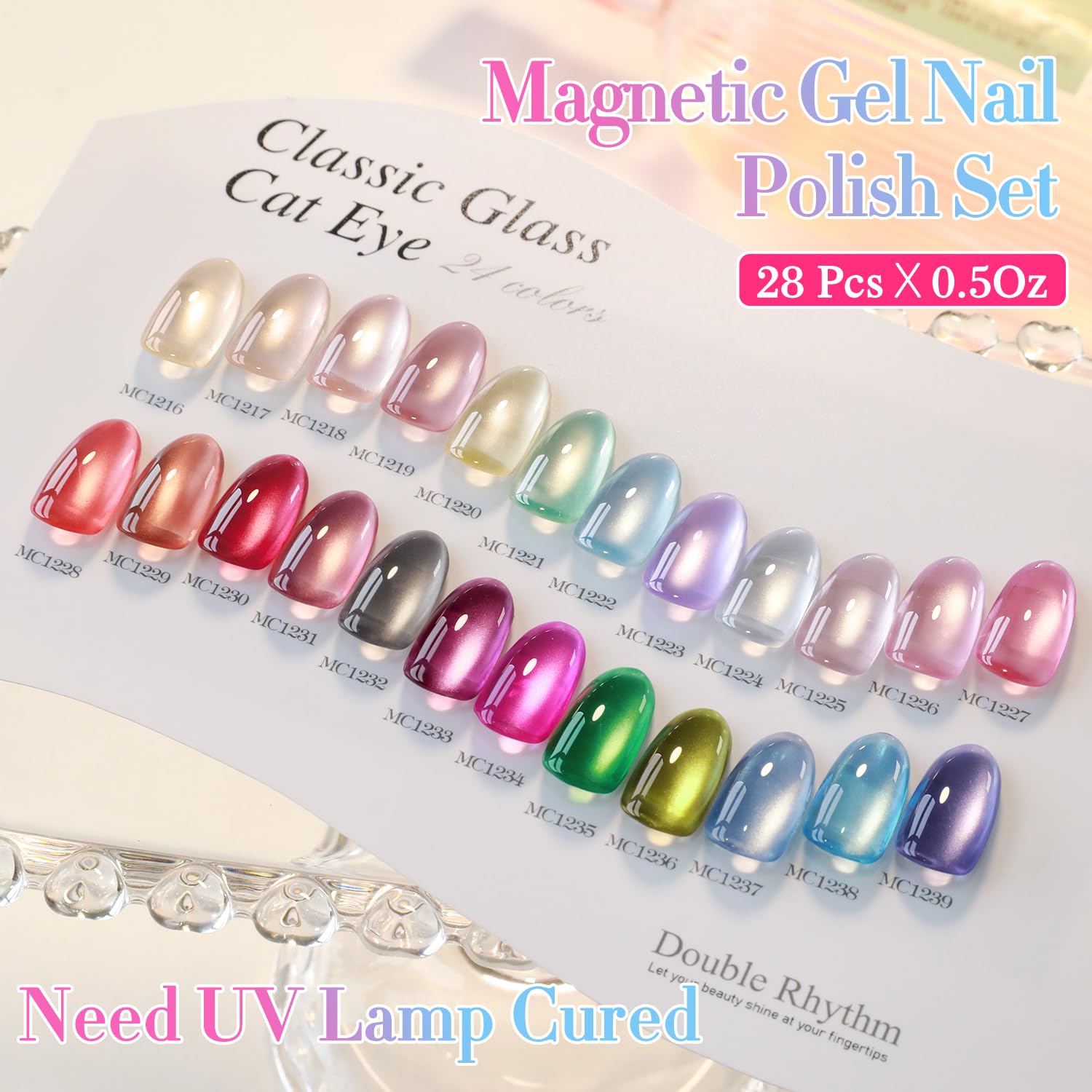 Double Rhythm 28Pcs 0.5oz Glass Cat Eye Gel Nail Polish Kit – All-Season Colors, Soak-Off, DIY Manicure