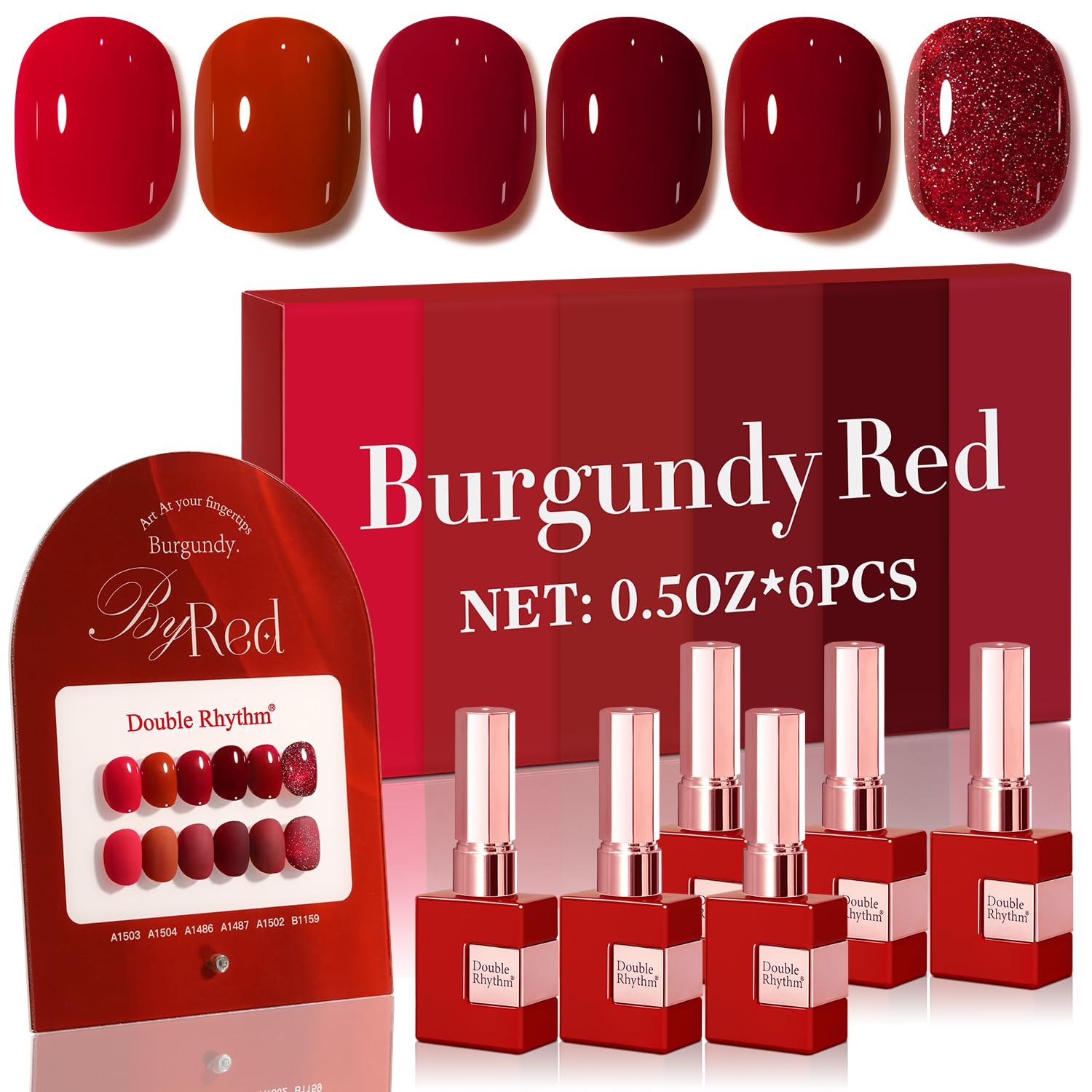 Double Rhythm 6 Pcs 15ml Gel Polish Set – Glitter Burgundy & Dark Cherry Red