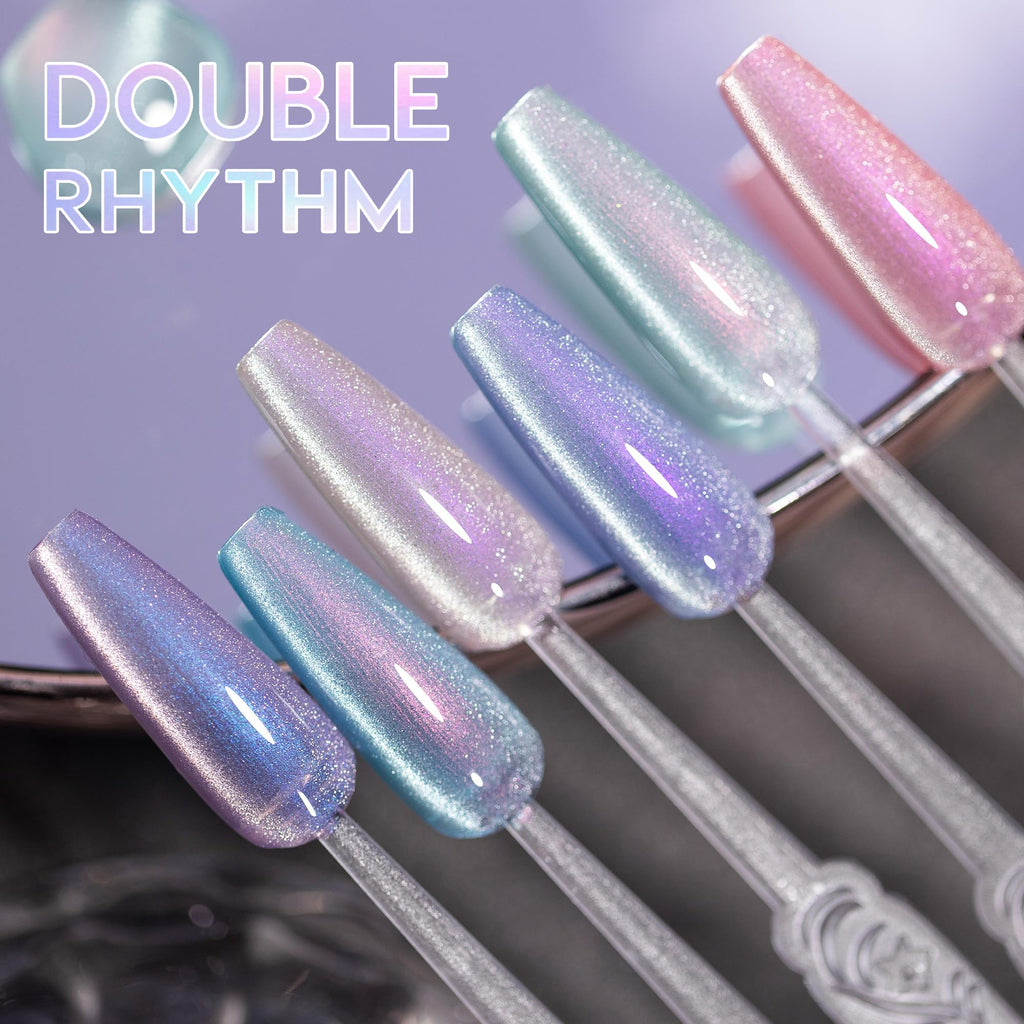 Double Rhythm Cat Eye Gel Polish Set – 6 Colors with Magnetic Holographic Finish