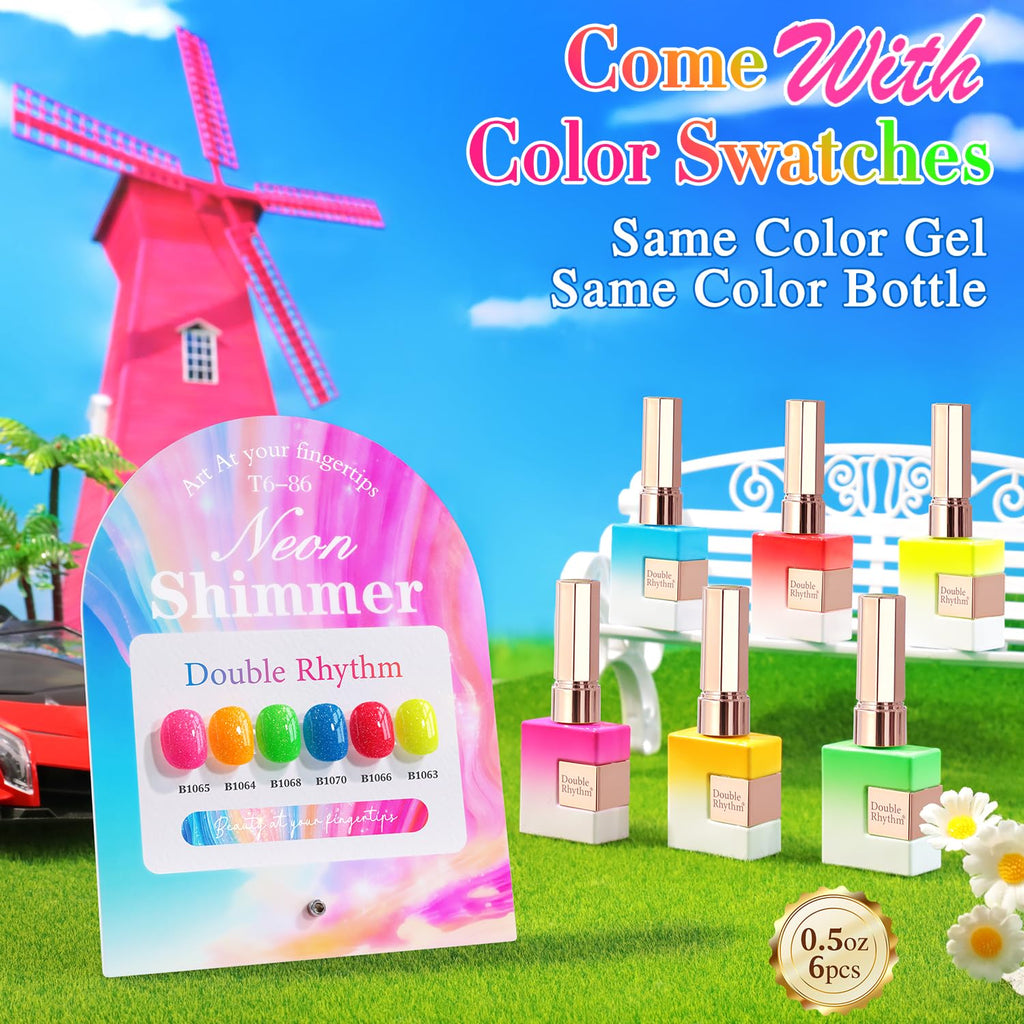 Double Rhythm 6 Pcs 15ml Glitter Gel Polish Set – Neon Shimmer Colors
