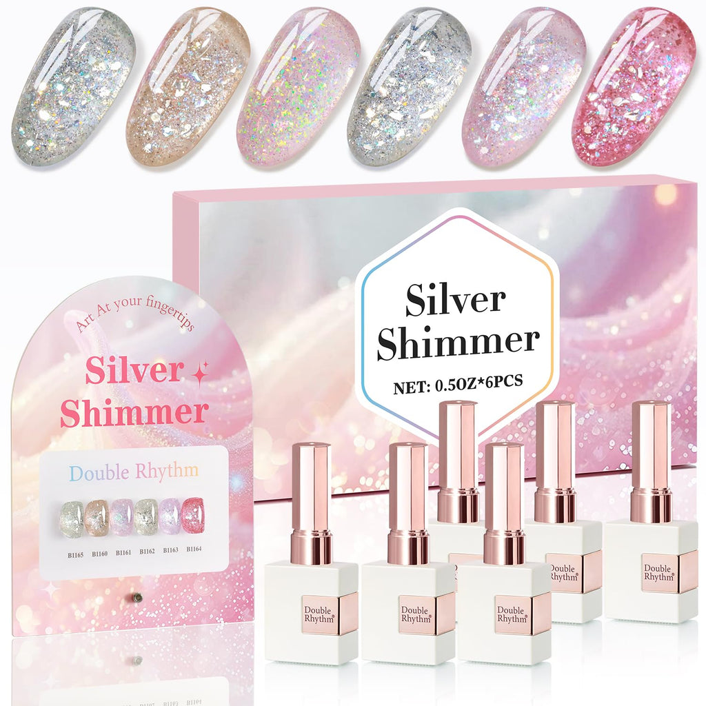 Double Rhythm 0.5 oz Glitter Gel Polish Set – 6 Colors with Display Board, 15 ml Full Size Kit
