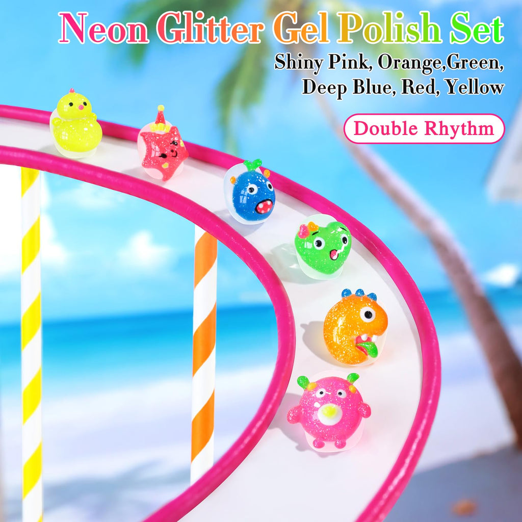 Double Rhythm 6 Pcs 15ml Glitter Gel Polish Set – Neon Shimmer Colors