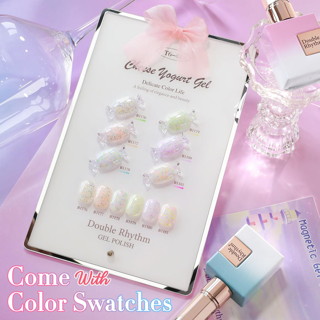 Double Rhythm Glitter Gel Polish Set (0.5 oz) – 6 Color + Display Board, 15 ml Each | Soak-Off Sparkle Gel Nail Kit