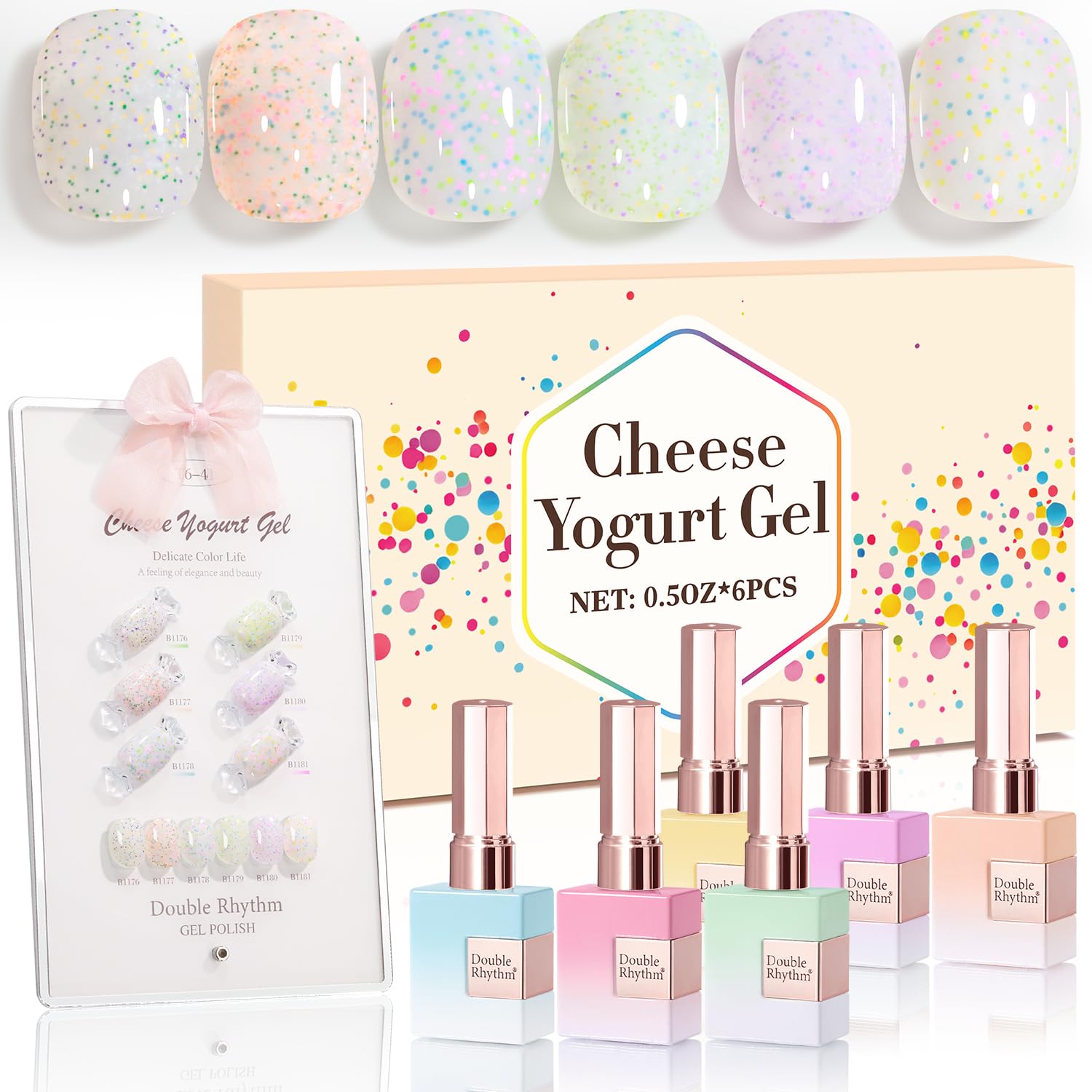 Double Rhythm Glitter Gel Polish Set (0.5 oz) – 6 Color + Display Board, 15 ml Each | Soak-Off Sparkle Gel Nail Kit