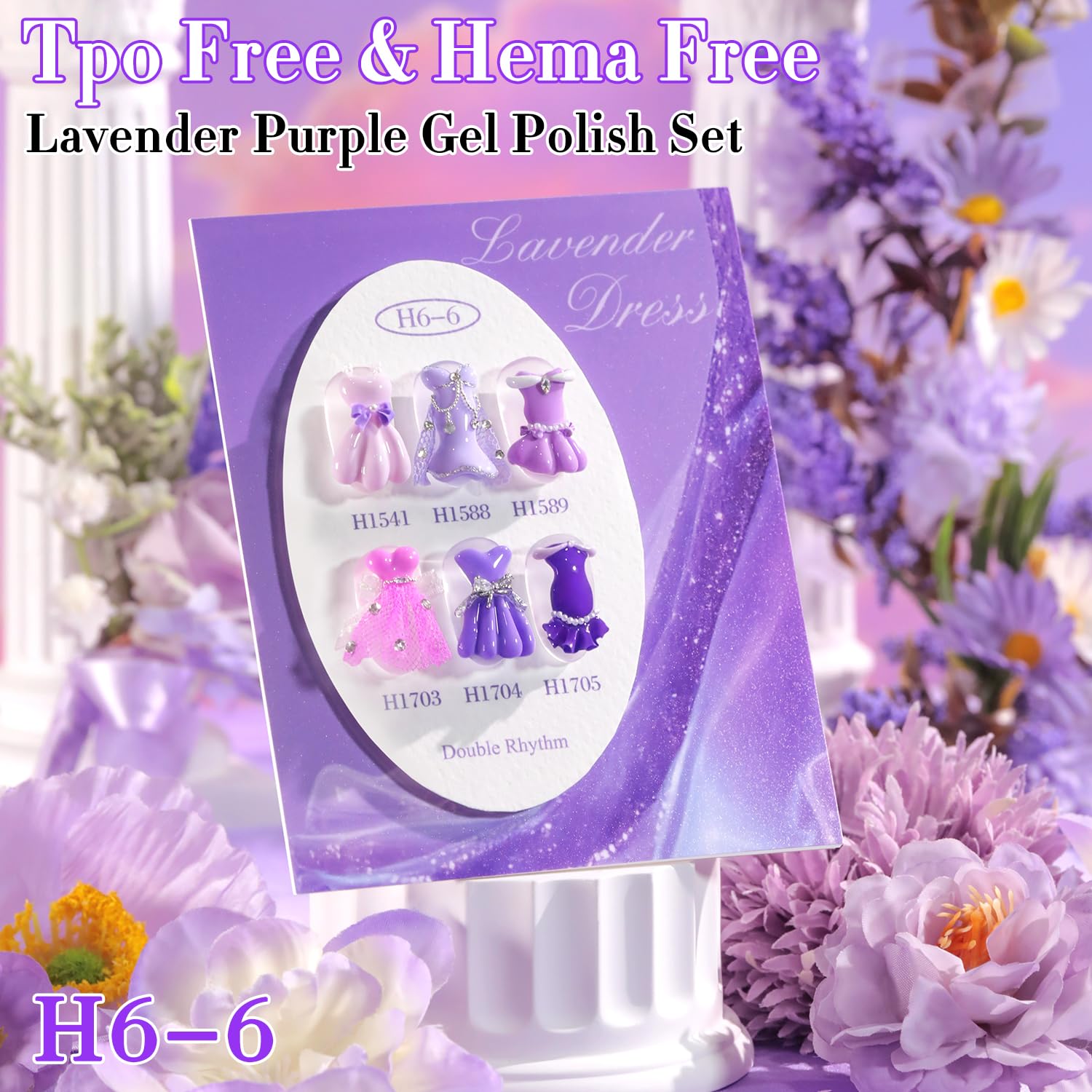 Double Rhythm 6 Pcs HEMA-Free Gel Polish Set – Soak-Off 0.5 oz, Same Color & Bottle (Lilac to Purple)