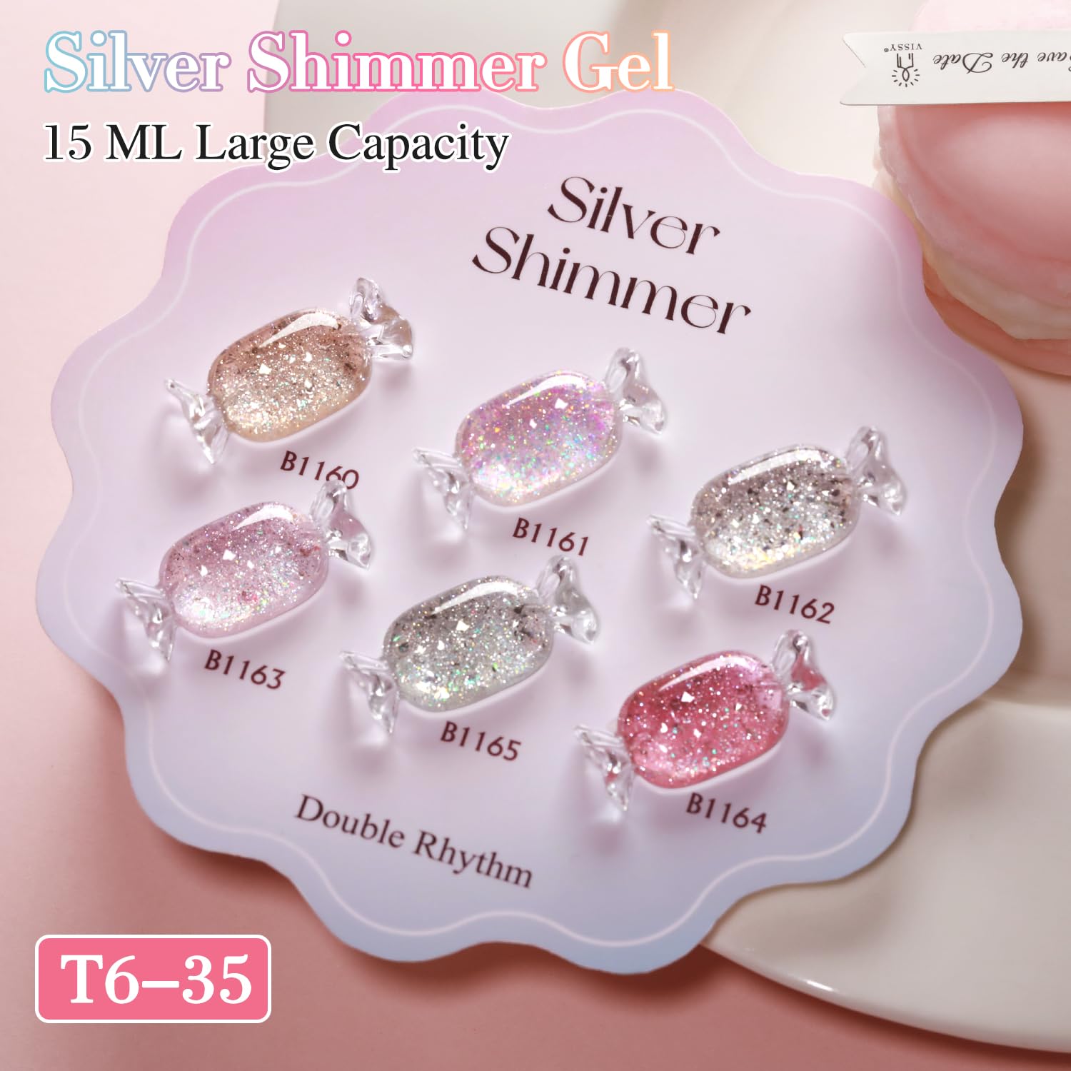 Double Rhythm 0.5 oz Glitter Gel Polish Set – 6 Colors with Display Board, 15 ml Full Size Kit