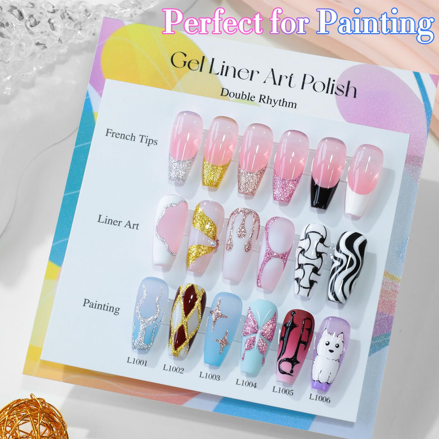 Double Rhythm 6 Pcs Gel Liner Polish Kit – 15ml Chrome Metallic Glitter Soak-Off Gel, Gold Silver Black White