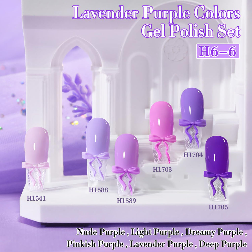 Double Rhythm 6 Pcs HEMA-Free Gel Polish Set – Soak-Off 0.5 oz, Same Color & Bottle (Lilac to Purple)