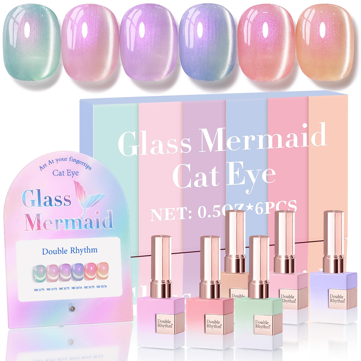 Double Rhythm Cat Eye Gel Nail Polish Set — Mermaid Pink Rose T6-31 (6x0.5 oz) Magnetic Glitter
