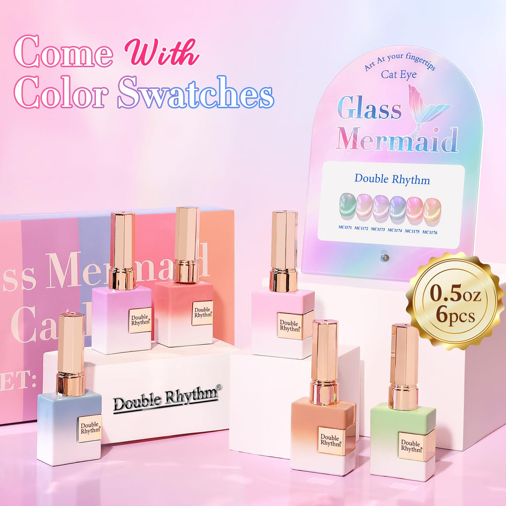 Double Rhythm Cat Eye Gel Nail Polish Set — Mermaid Pink Rose T6-31 (6x0.5 oz) Magnetic Glitter