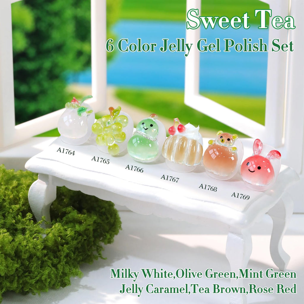 Double Rhythm 6 Pcs 15ml Gel Polish Set – Jelly White, Mint Green, Olive, Tea Brown, Rose, Red | Soak-Off Kit