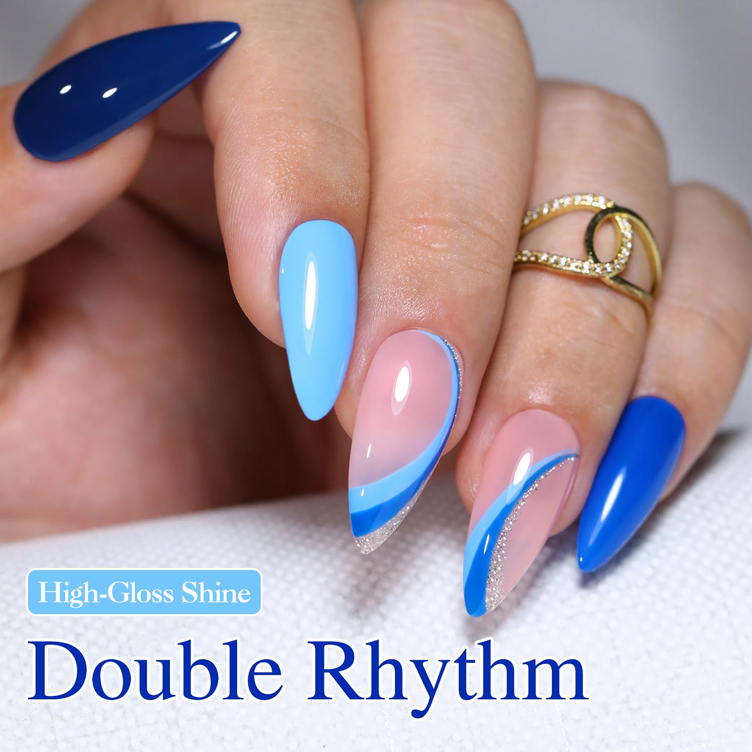 Double Rhythm Gel Polish Set of 6 – Blue Tones and White Gold Glitter Starter Kit