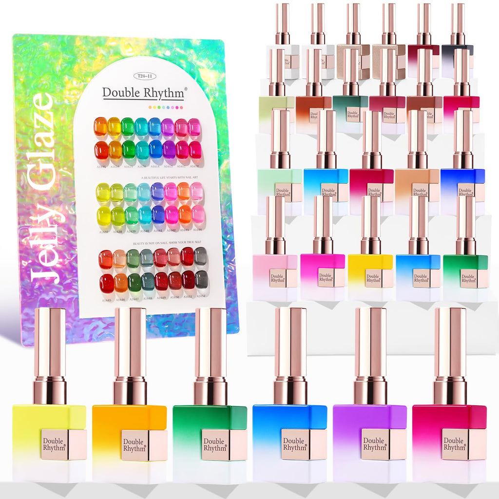 Double Rhythm 28Pcs Gel Nail Polish Set – Neon Jelly Sheer Collection, 0.5oz Bottles
