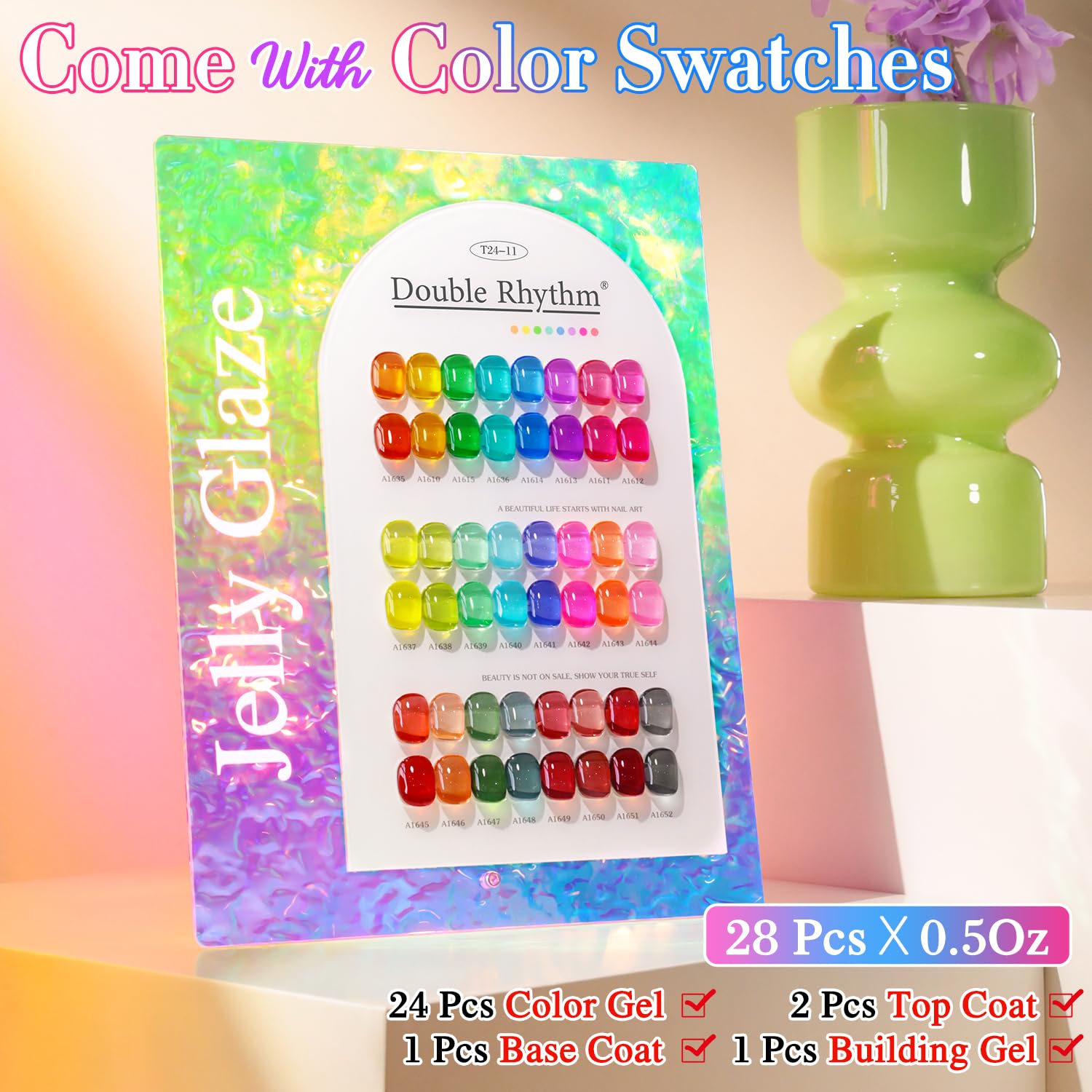 Double Rhythm 28Pcs Gel Nail Polish Set – Neon Jelly Sheer Collection, 0.5oz Bottles