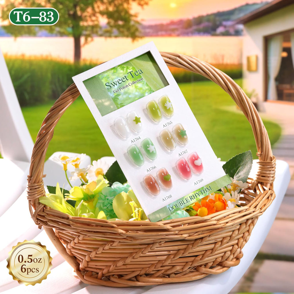 Double Rhythm 6 Pcs 15ml Gel Polish Set – Jelly White, Mint Green, Olive, Tea Brown, Rose, Red | Soak-Off Kit