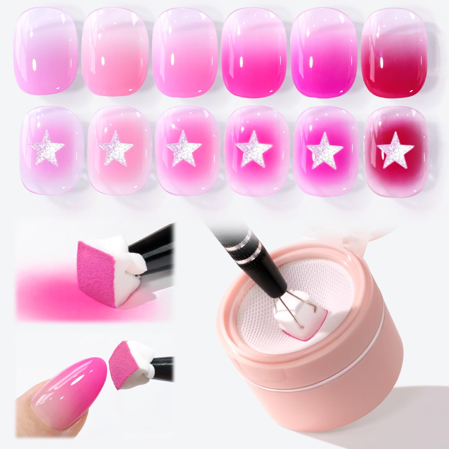 Double Rhythm Painting Gel Polish Set – 6 Colors, 100 Sponges, Grabbing Pen (Pink Rose Purple T6-67)