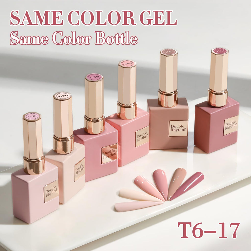 Double Rhythm 6 Pcs 15ML Gel Polish Set — Same Color, Same Bottle, Soak Off (Light/Dark/Nude/Pink/Beige-T6-17)