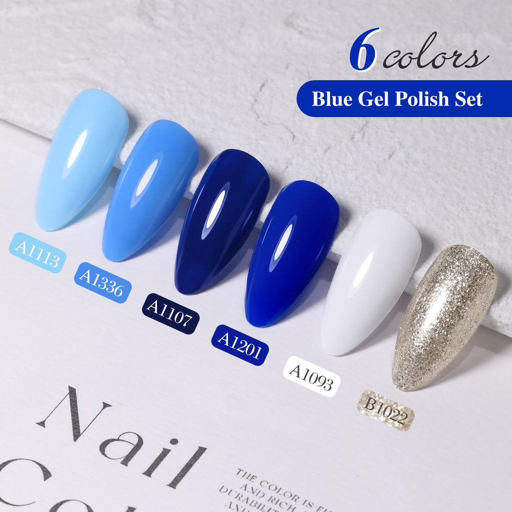 Double Rhythm Gel Polish Set of 6 – Blue Tones and White Gold Glitter Starter Kit