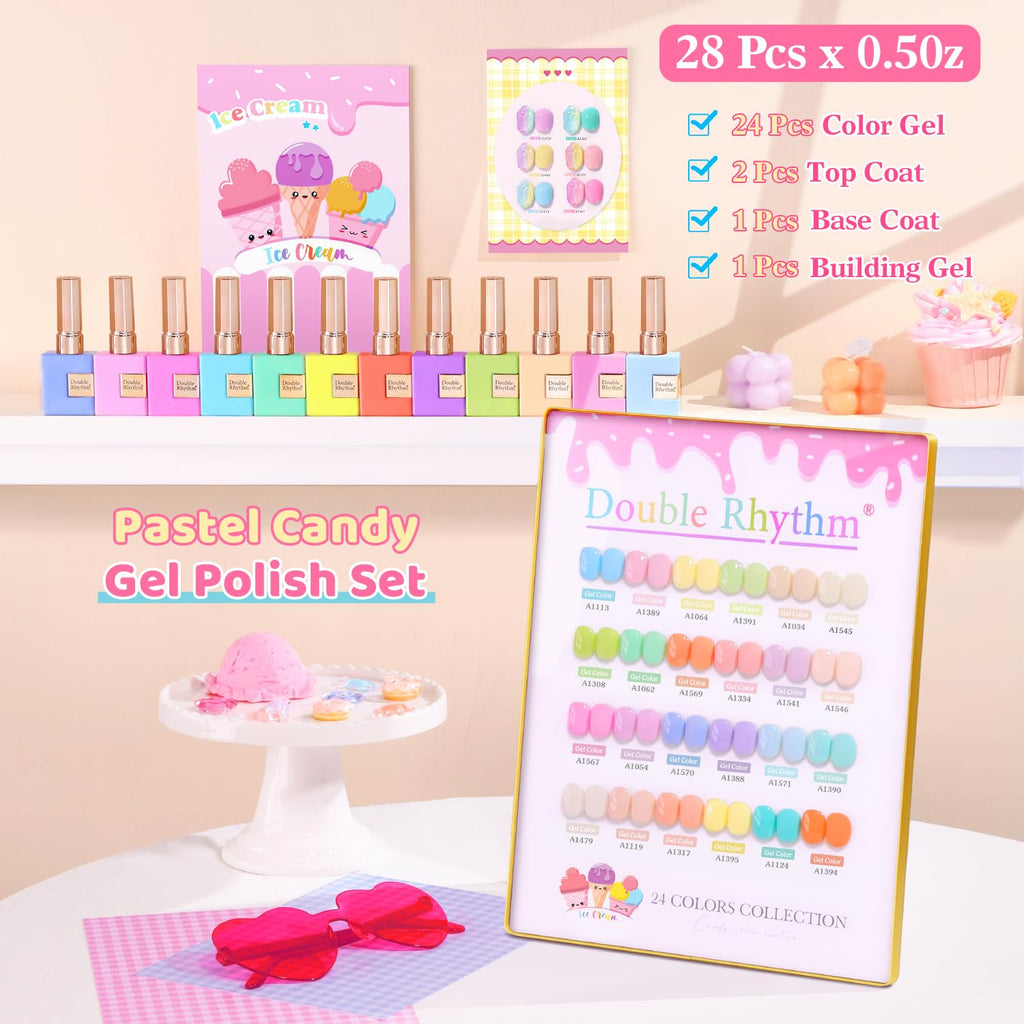Double Rhythm 28Pcs Gel Nail Polish Set – Pastel Candy Collection T24-5 (0.5oz)