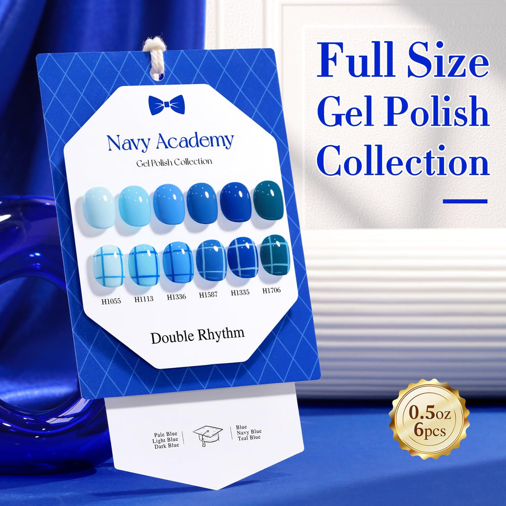 Double Rhythm 6 Pcs HEMA-FREE Gel Polish Set – 0.50 oz Each, Pastel Blue Navy, Soak-Off, DIY Manicure Kit