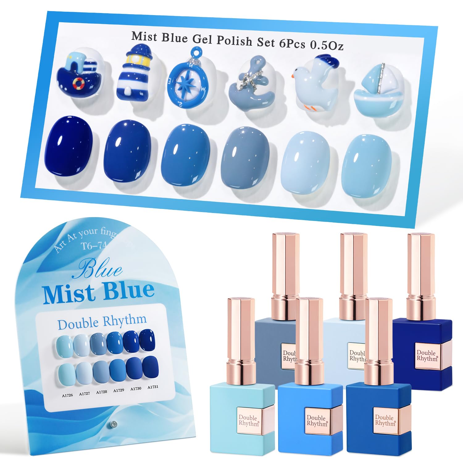 Double Rhythm 6 Pcs 15ml Gel Polish Set in Pale Dark Midnight Blue | Soak-Off Gel Polish Kit for DIY Manicure