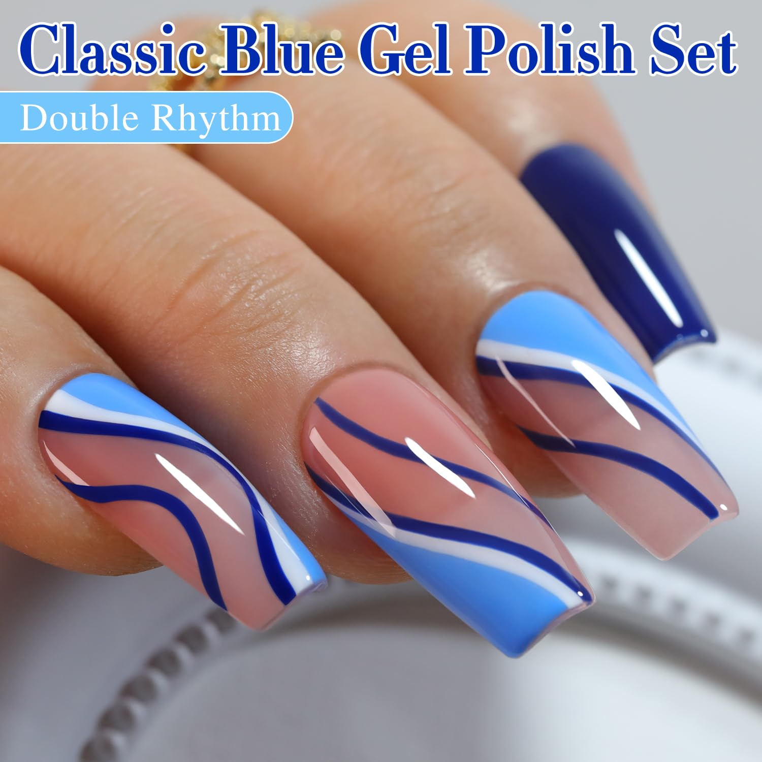 Double Rhythm Gel Polish Set of 6 – Blue Tones and White Gold Glitter Starter Kit