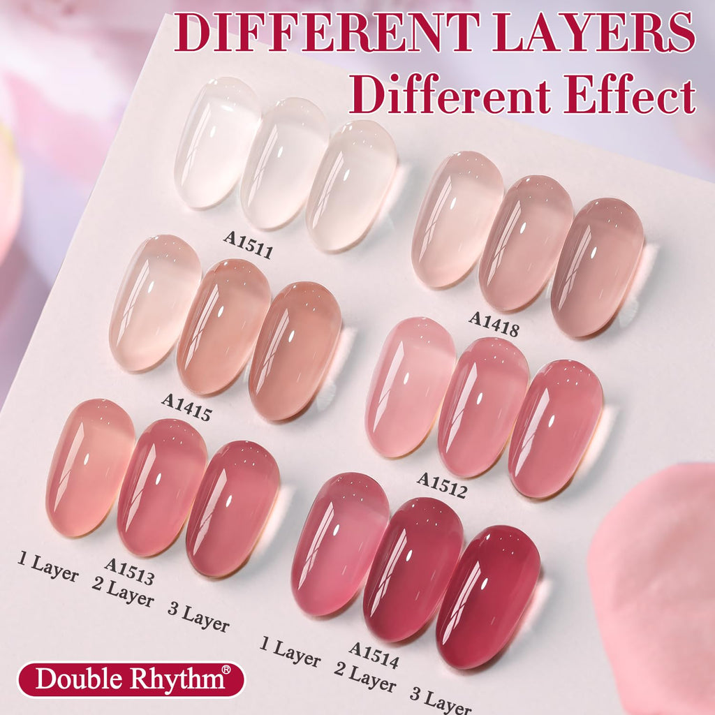 Double Rhythm 6 Pcs 15ml Gel Polish Set – Soak-Off, Jelly Translucent Rose Pink & Burgundy Red (T6-2)
