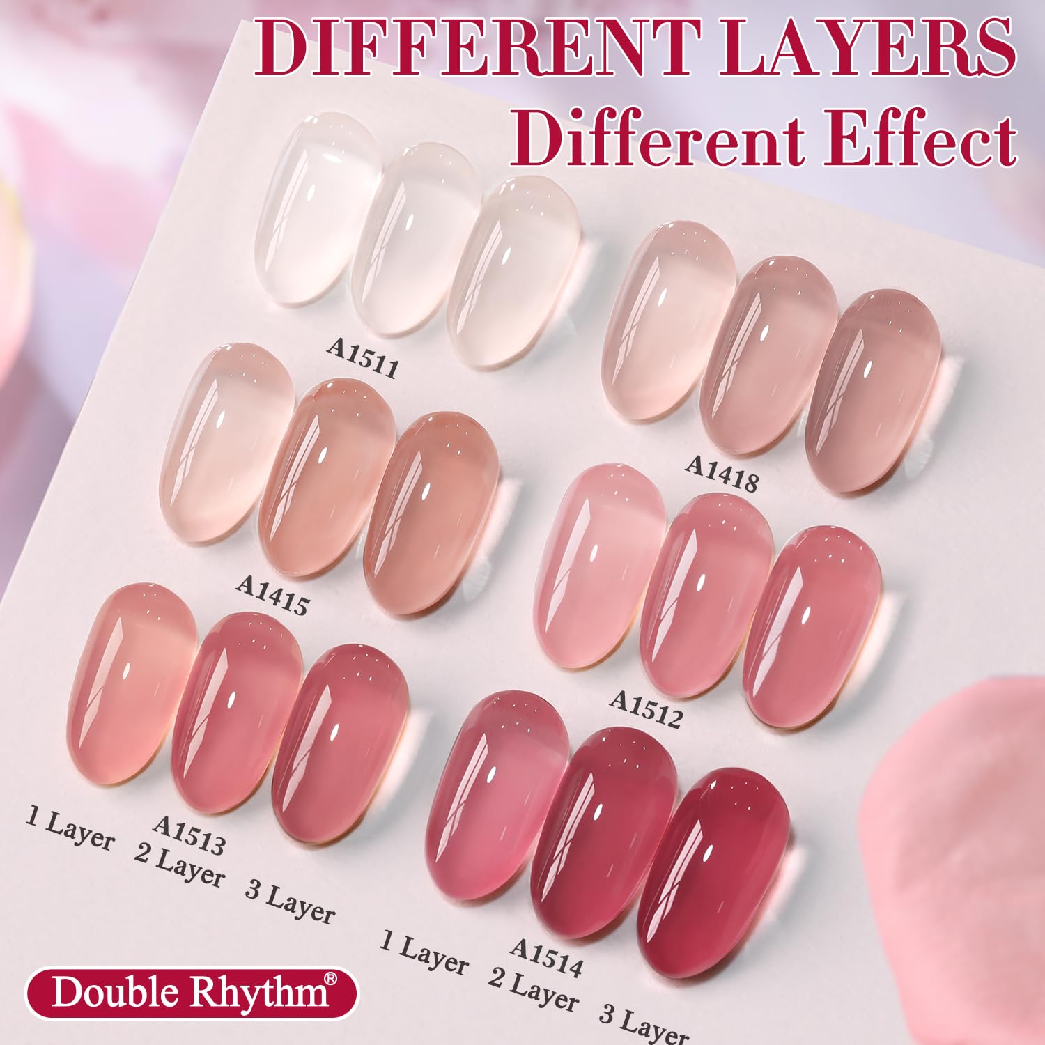 Double Rhythm 6 Pcs 15ml Gel Polish Set – Soak-Off, Jelly Translucent Rose Pink & Burgundy Red (T6-2)