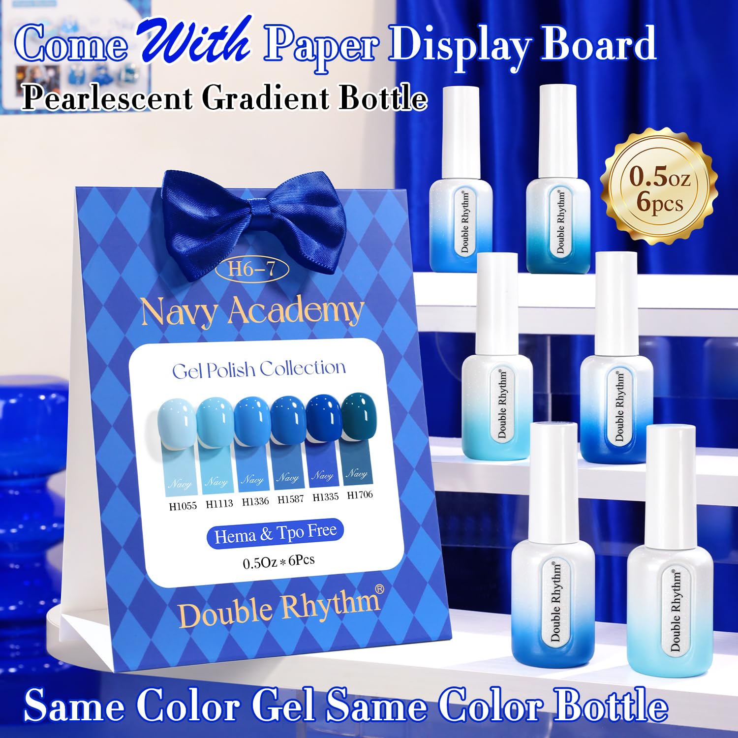 Double Rhythm 6 Pcs HEMA-FREE Gel Polish Set – 0.50 oz Each, Pastel Blue Navy, Soak-Off, DIY Manicure Kit
