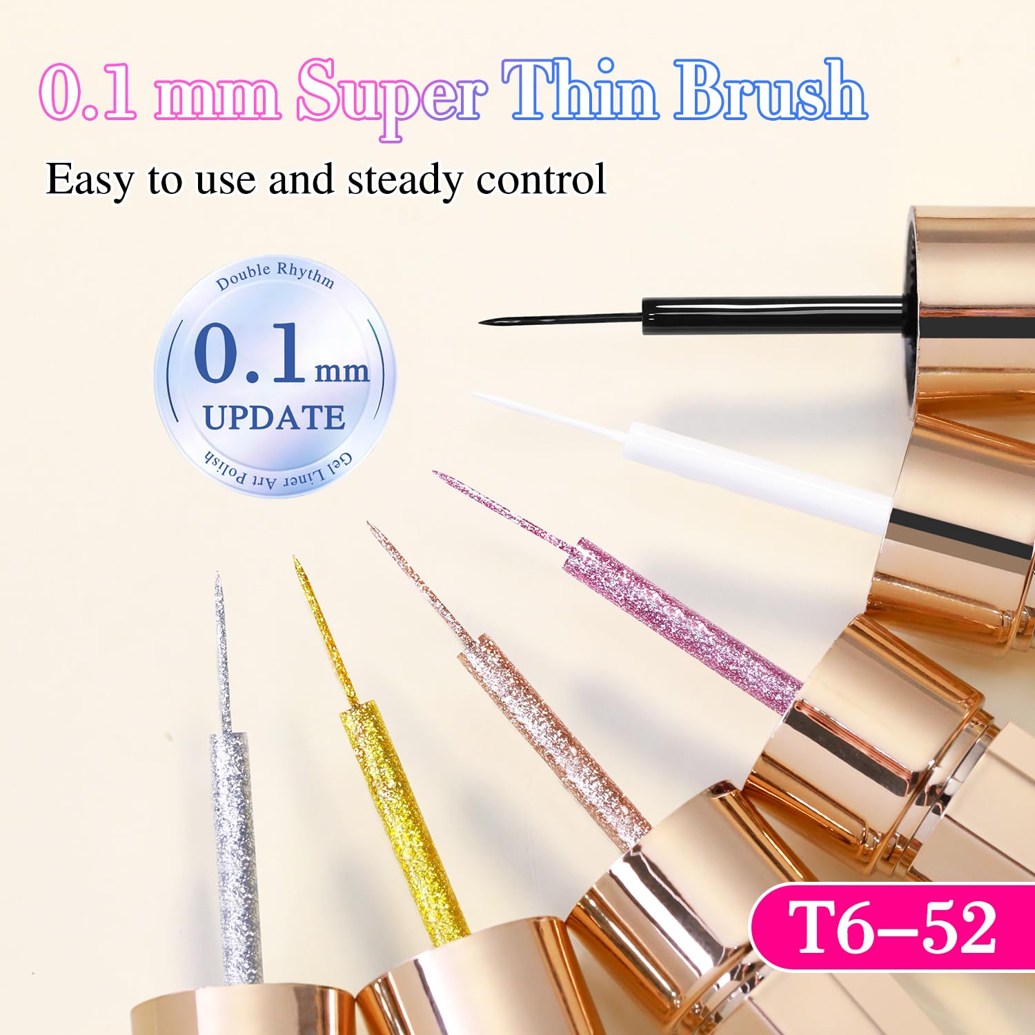 Double Rhythm 6 Pcs Gel Liner Polish Kit – 15ml Chrome Metallic Glitter Soak-Off Gel, Gold Silver Black White