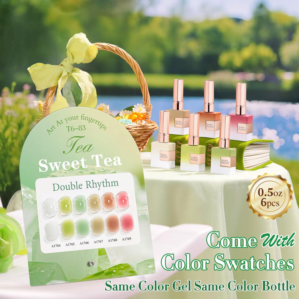 Double Rhythm 6 Pcs 15ml Gel Polish Set – Jelly White, Mint Green, Olive, Tea Brown, Rose, Red | Soak-Off Kit