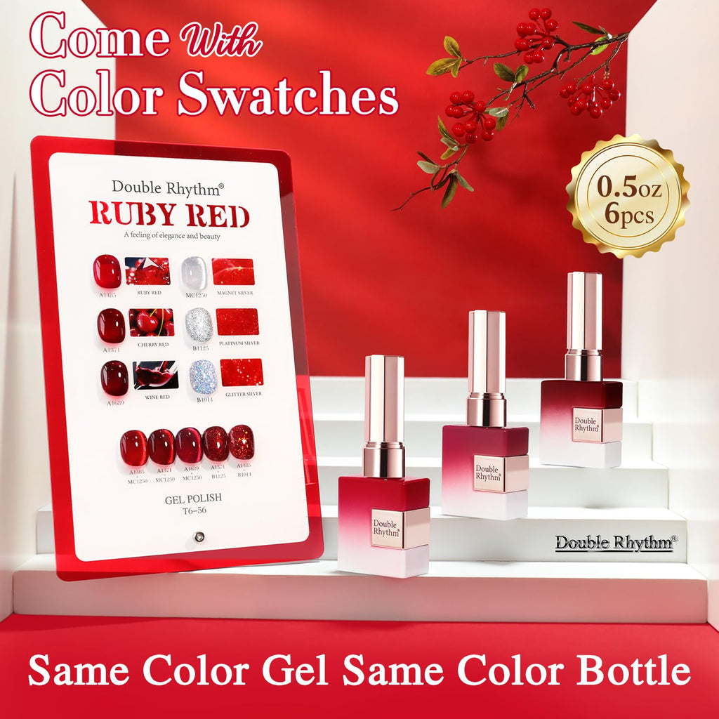 Double Rhythm 6 Pcs 15ml Gel Polish Set – Jelly Burgundy Red & Silver Glitter