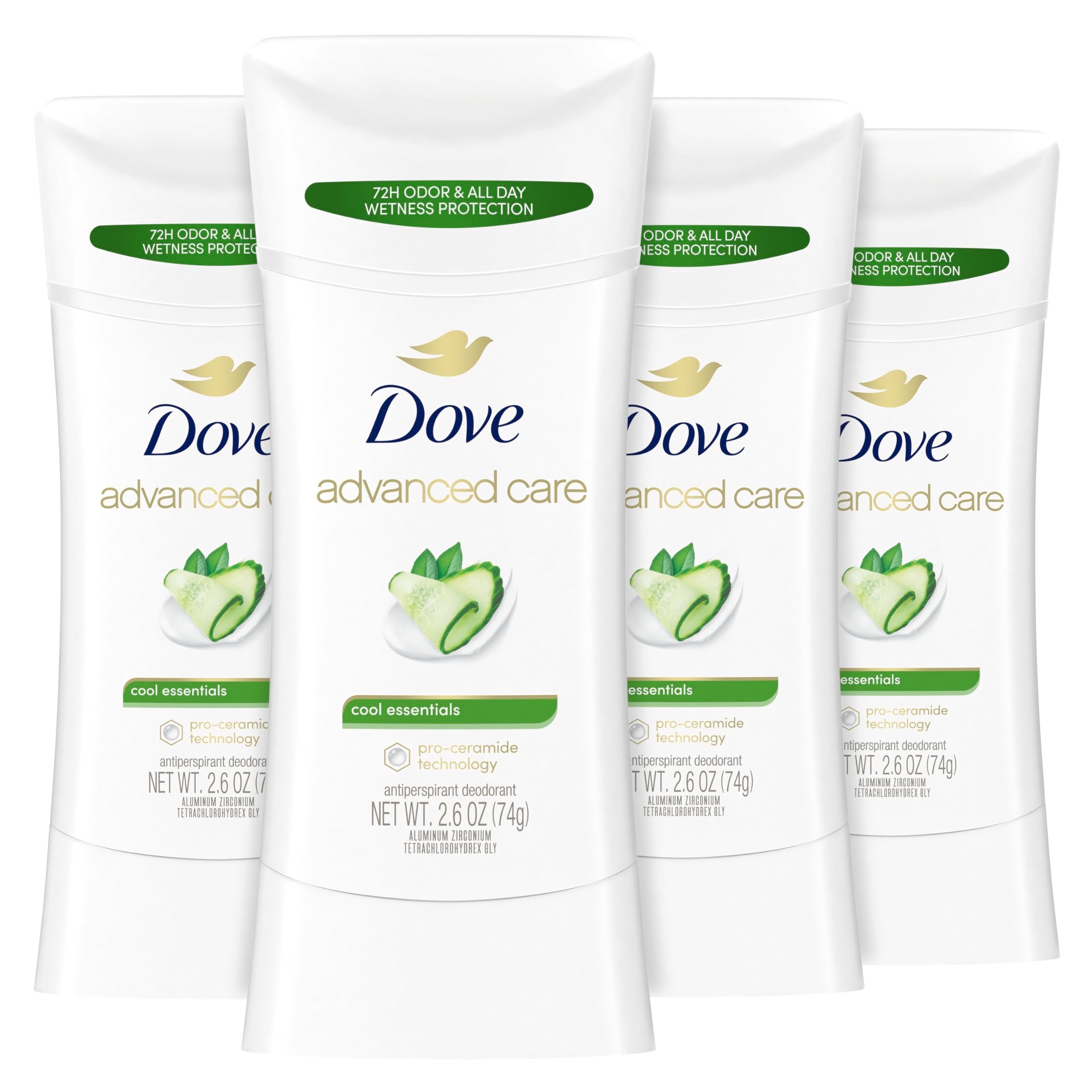 Dove Advanced Care Cool Essentials Antiperspirant Stick – Pro Ceramide, 72h Odor & Sweat Protection, 4 x 2.6 oz