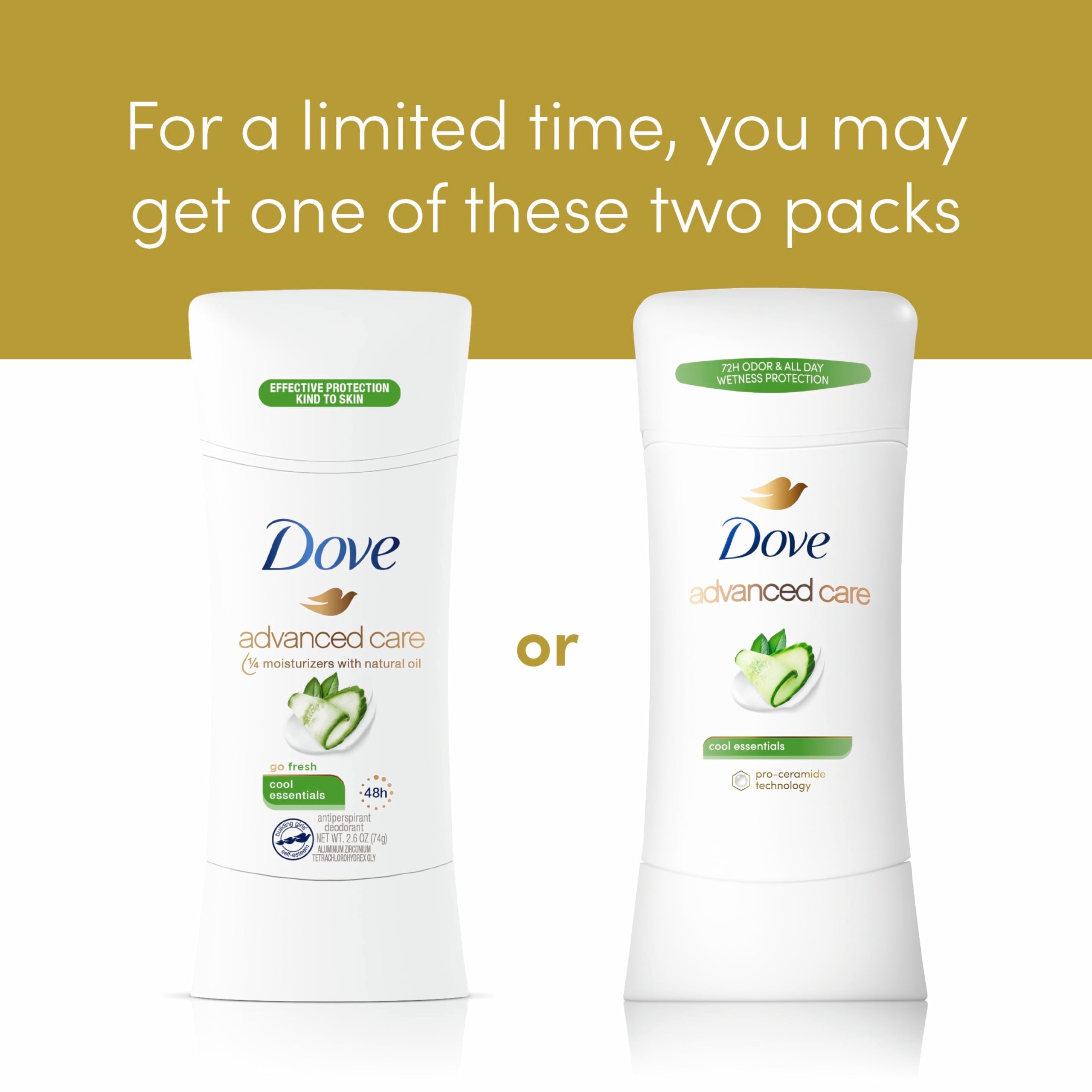 Dove Advanced Care Cool Essentials Antiperspirant Stick – Pro Ceramide, 72h Odor & Sweat Protection, 4 x 2.6 oz
