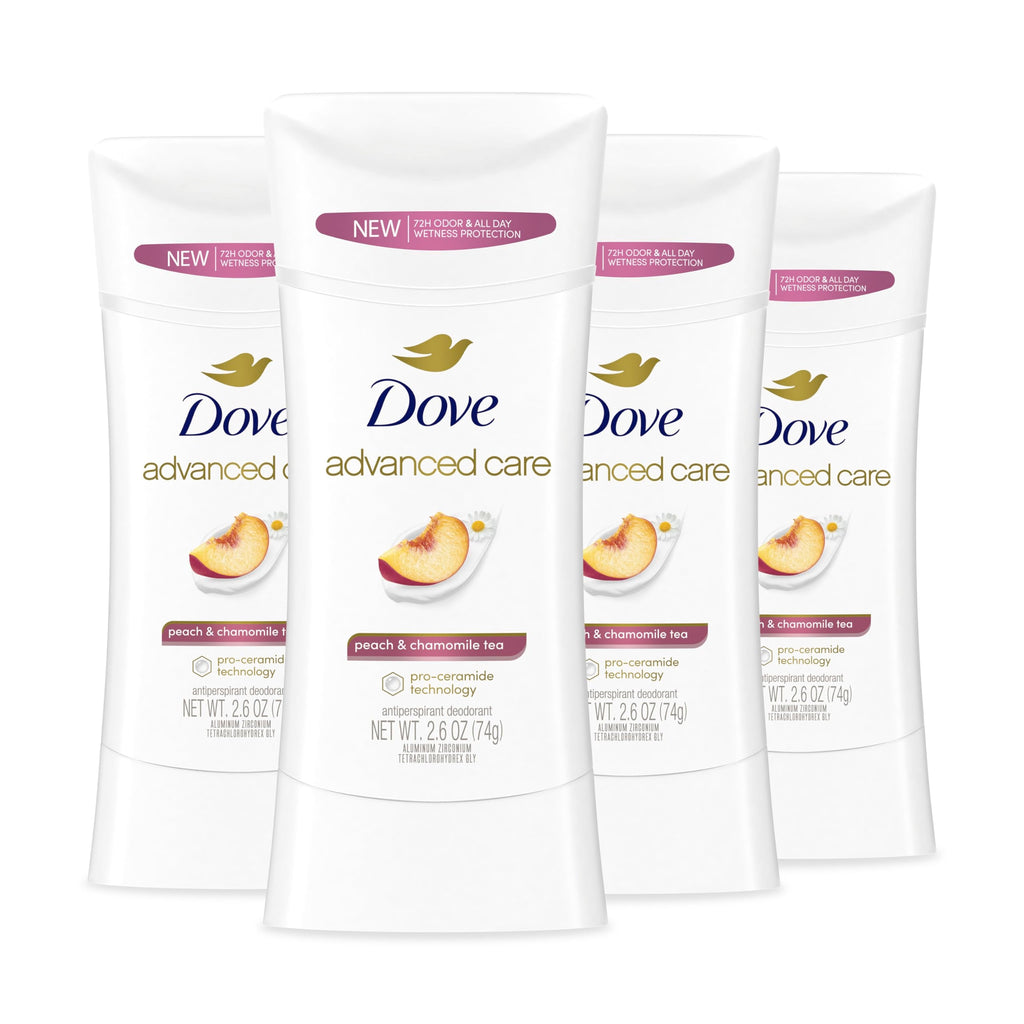 Dove Advanced Care Peach & Chamomile Tea Antiperspirant Deodorant Stick – 72h Odor Control & Skin Barrier Support, 4 Count (2.6 oz each)