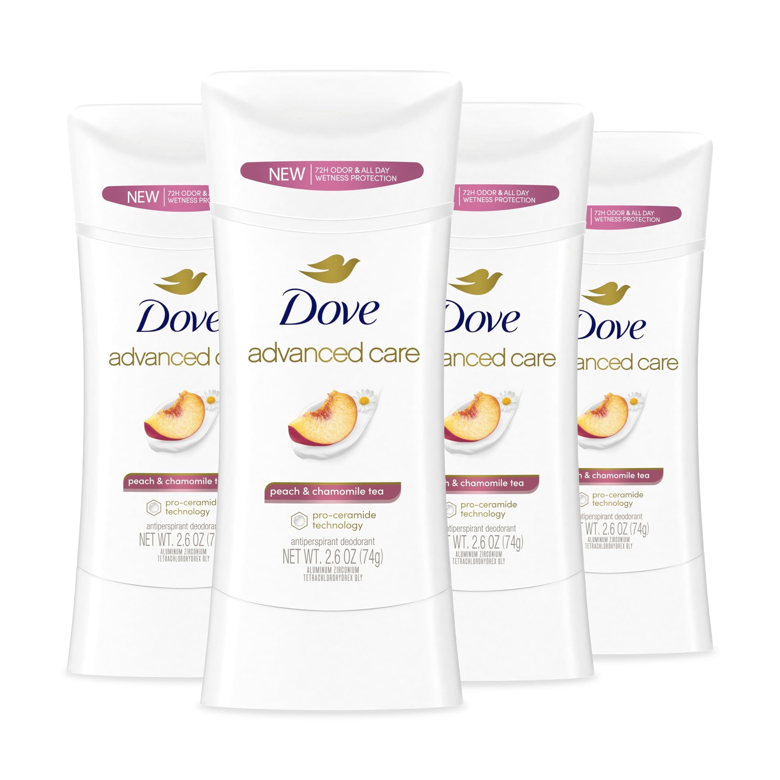 Dove Advanced Care Peach & Chamomile Tea Antiperspirant Deodorant Stick – 72h Odor Control & Skin Barrier Support, 4 Count (2.6 oz each)
