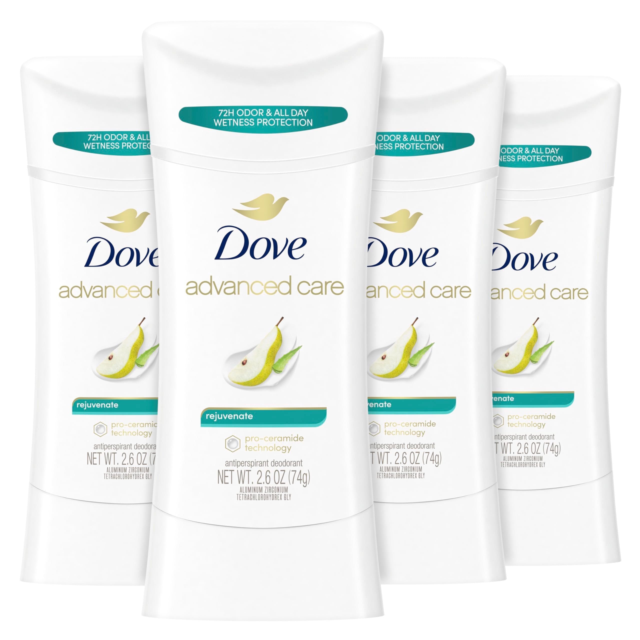 Dove Advanced Care Rejuvenate Antiperspirant Deodorant Stick – Pro-Ceramide Barrier Repair, 72-Hour Odor Control, 4-Count, 2.6 oz