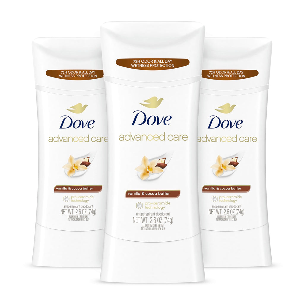 Dove Advanced Care Vanilla & Cocoa Butter Antiperspirant Deodorant Stick – 3 Count, 72-Hour Odor Control & All-Day Sweat Protection (2.6 oz each)