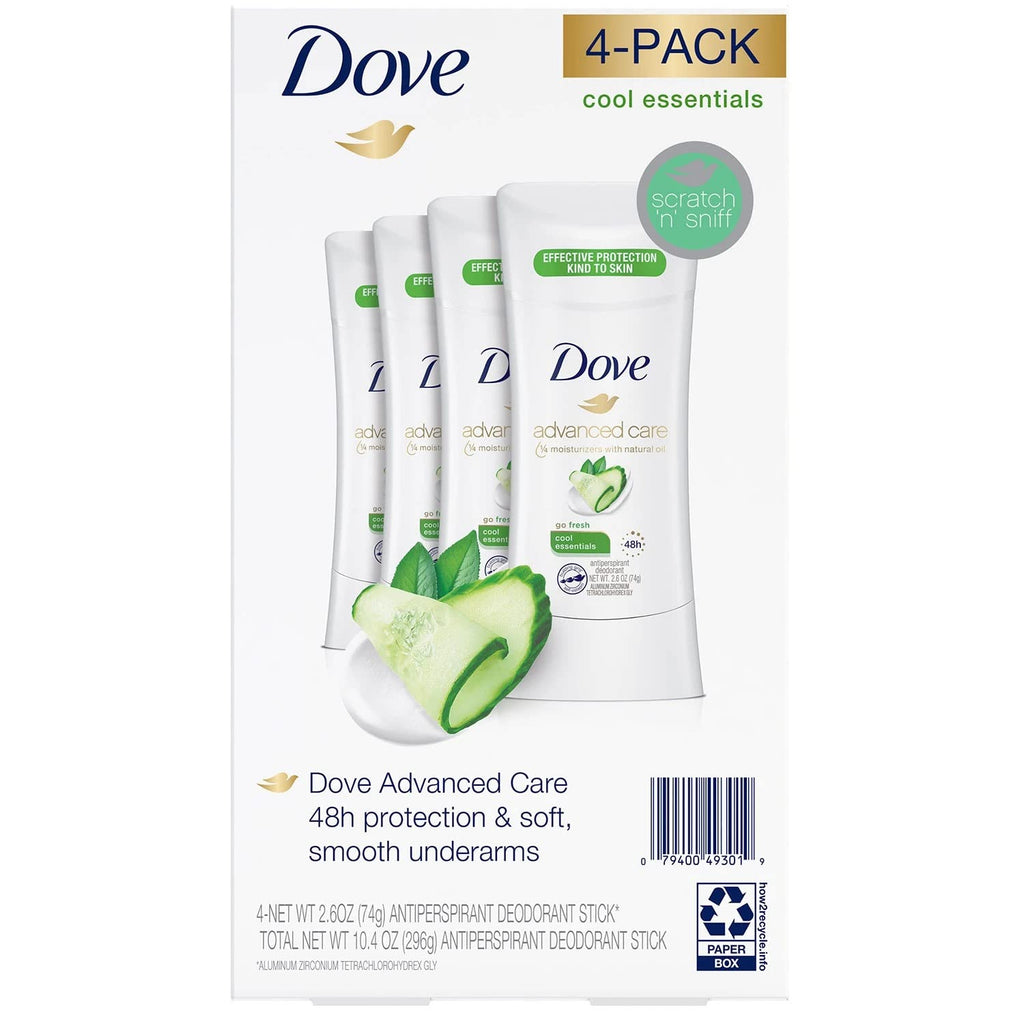 Dove Cool Essentials Antiperspirant Deodorant – 4x2.6 oz, Alcohol-Free, All-Day Freshness