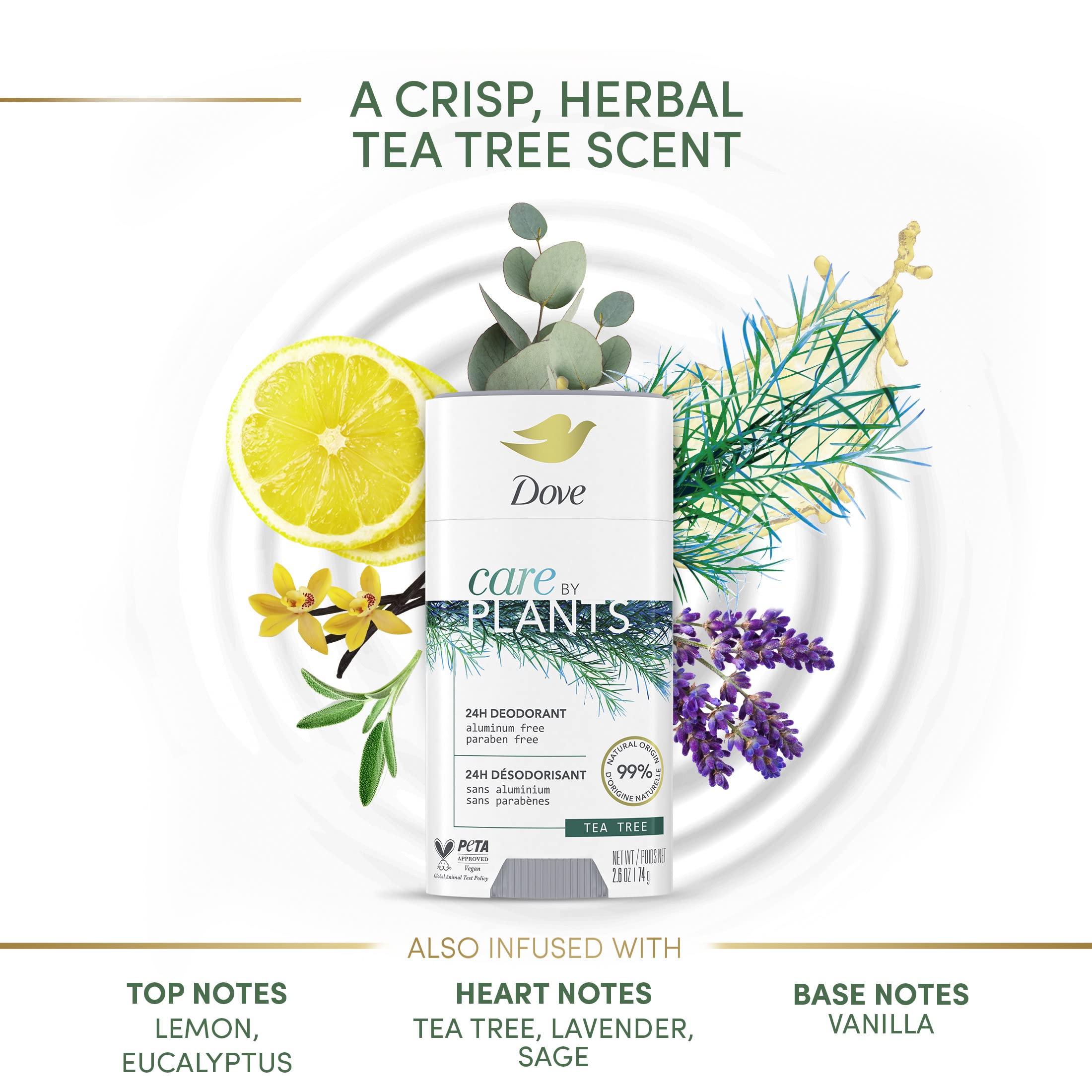 Dove Care by Plants Tea Tree Deodorant Stick — Aluminum-Free, 24h Odor Protection (3 x 2.6 oz)