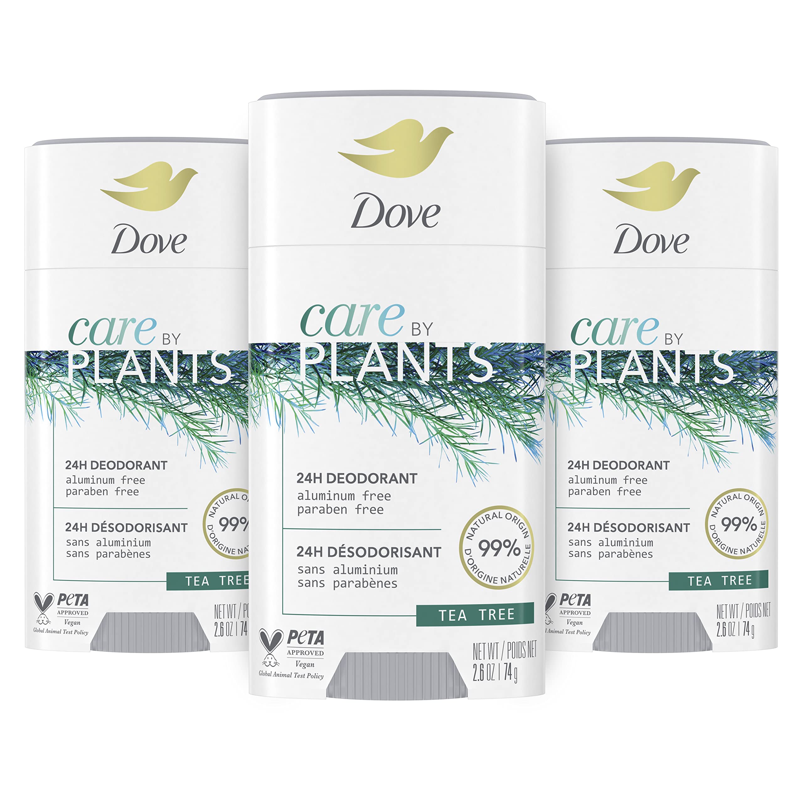 Dove Care by Plants Tea Tree Deodorant Stick — Aluminum-Free, 24h Odor Protection (3 x 2.6 oz)